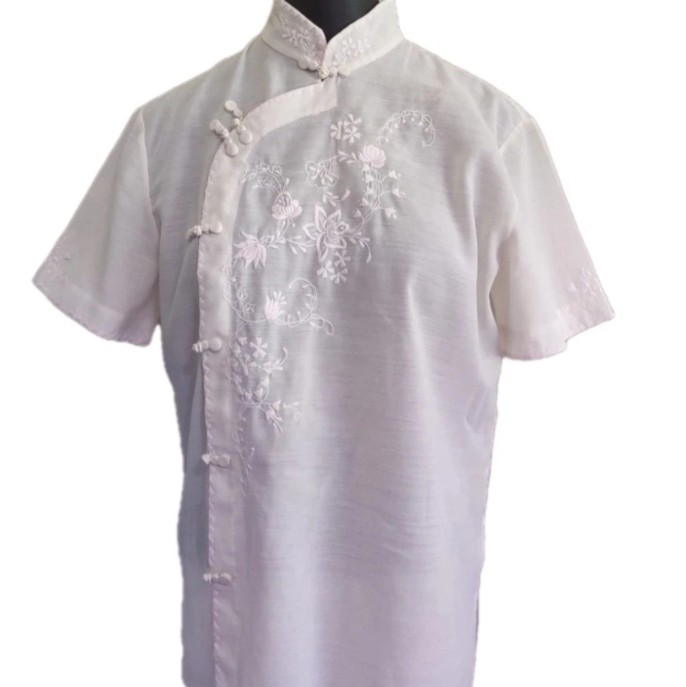 Vintage Lily Women's Top Sz XL White Hand Embroidered Asian Floral Chinese 60s
